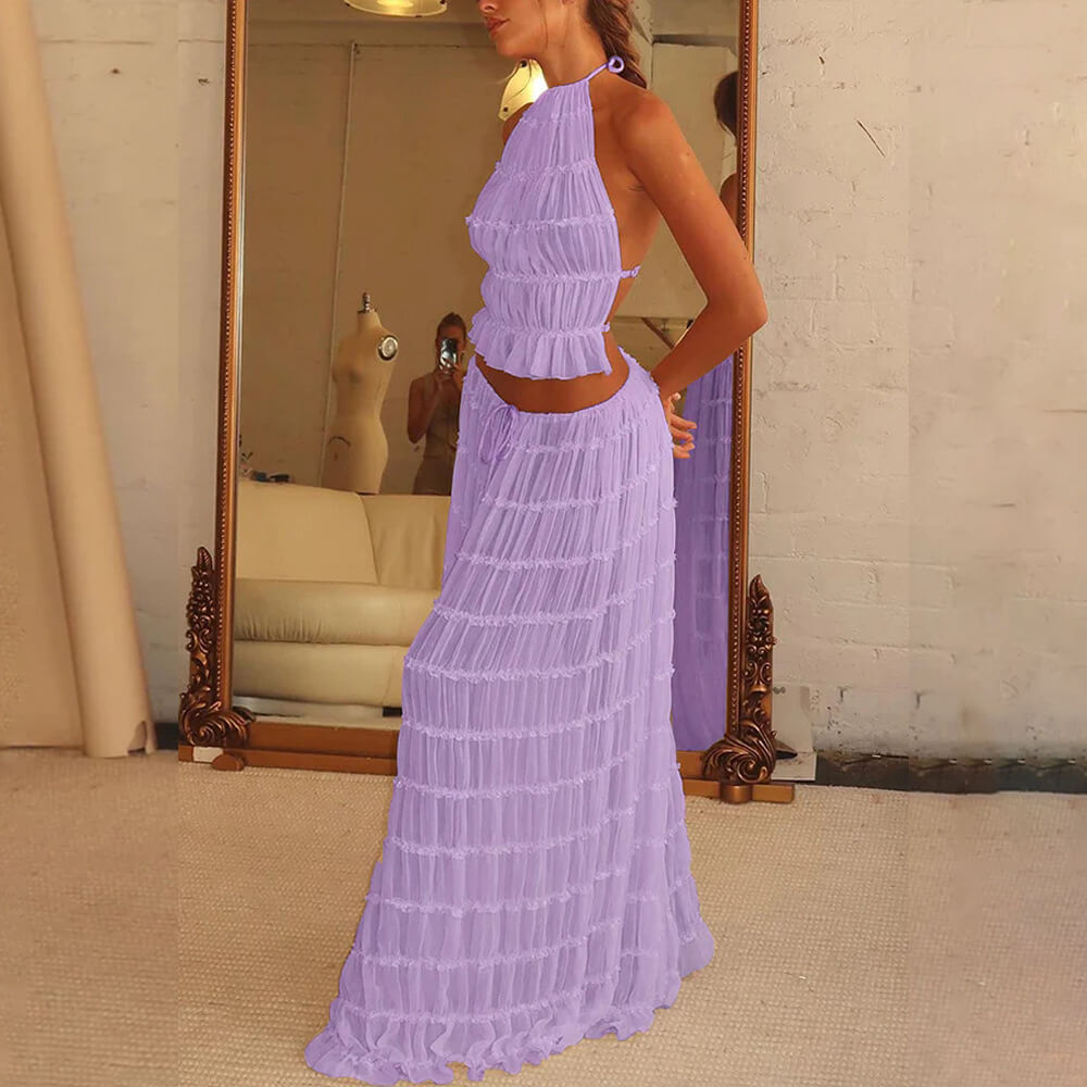 Sleeveless Backless Cropped Halter Top and Pleated Long Skirt - Trendy