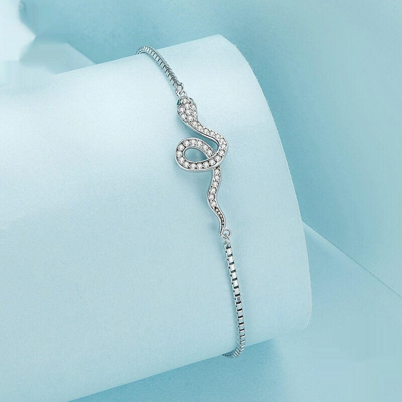 Snake Shaped Sterling Silver S925 White Gold Plated Bracelet - Trendy