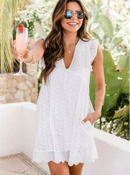 White Jacquard V-Neck Dress for Women