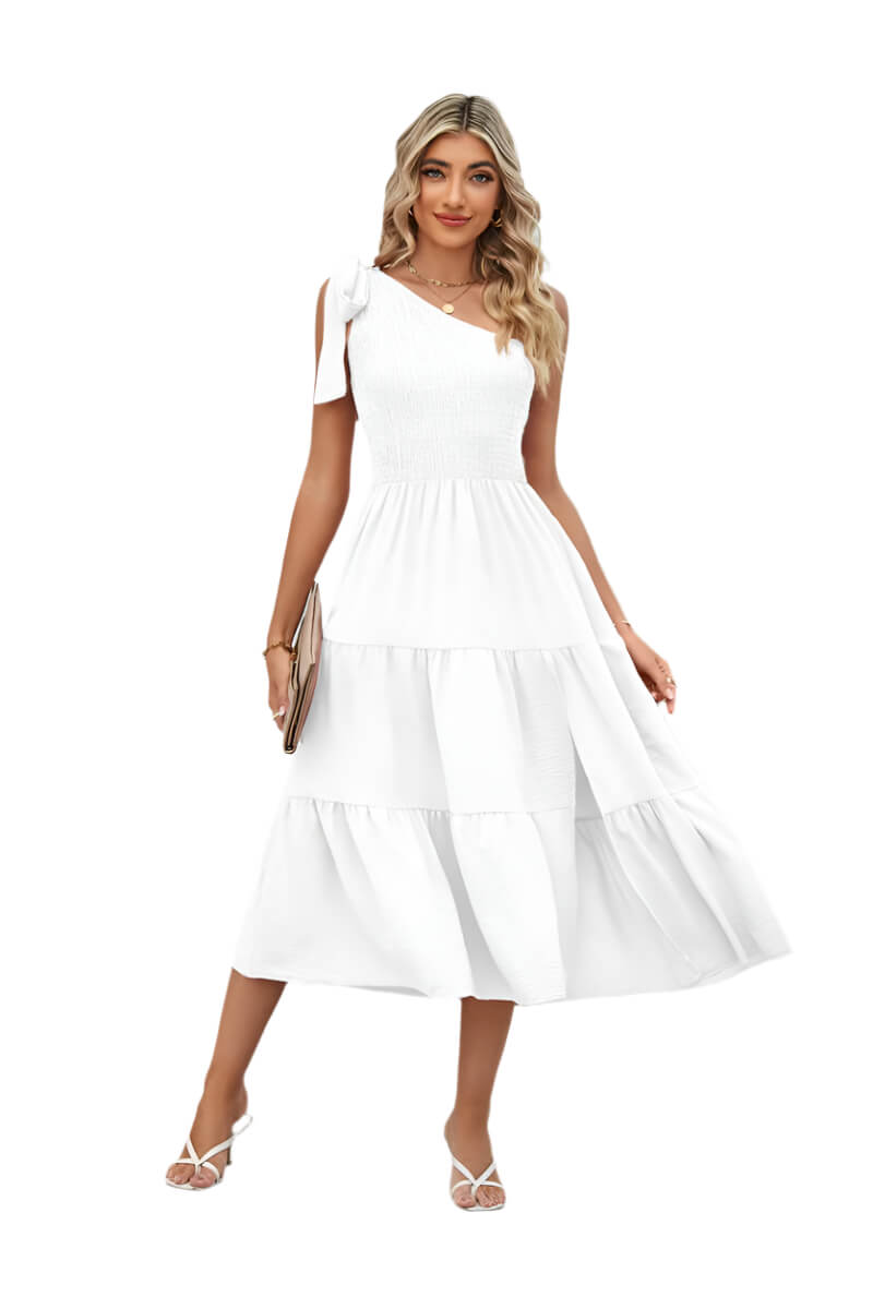 White One-shoulder Pleated Layered Dress for Women