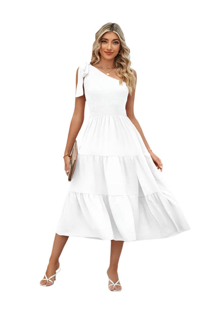 White One-shoulder Pleated Layered Dress for Women