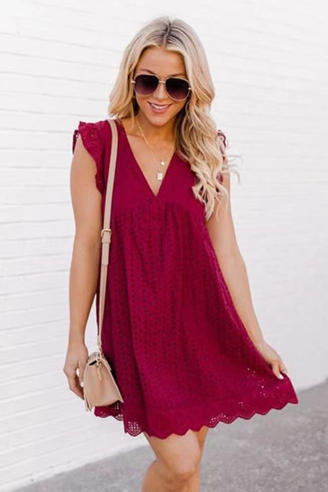 Wine Red Jacquard V-Neck Dress for Women