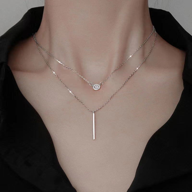Women S925 Silver Color Double Chain Long Stick Pendant - Trendy