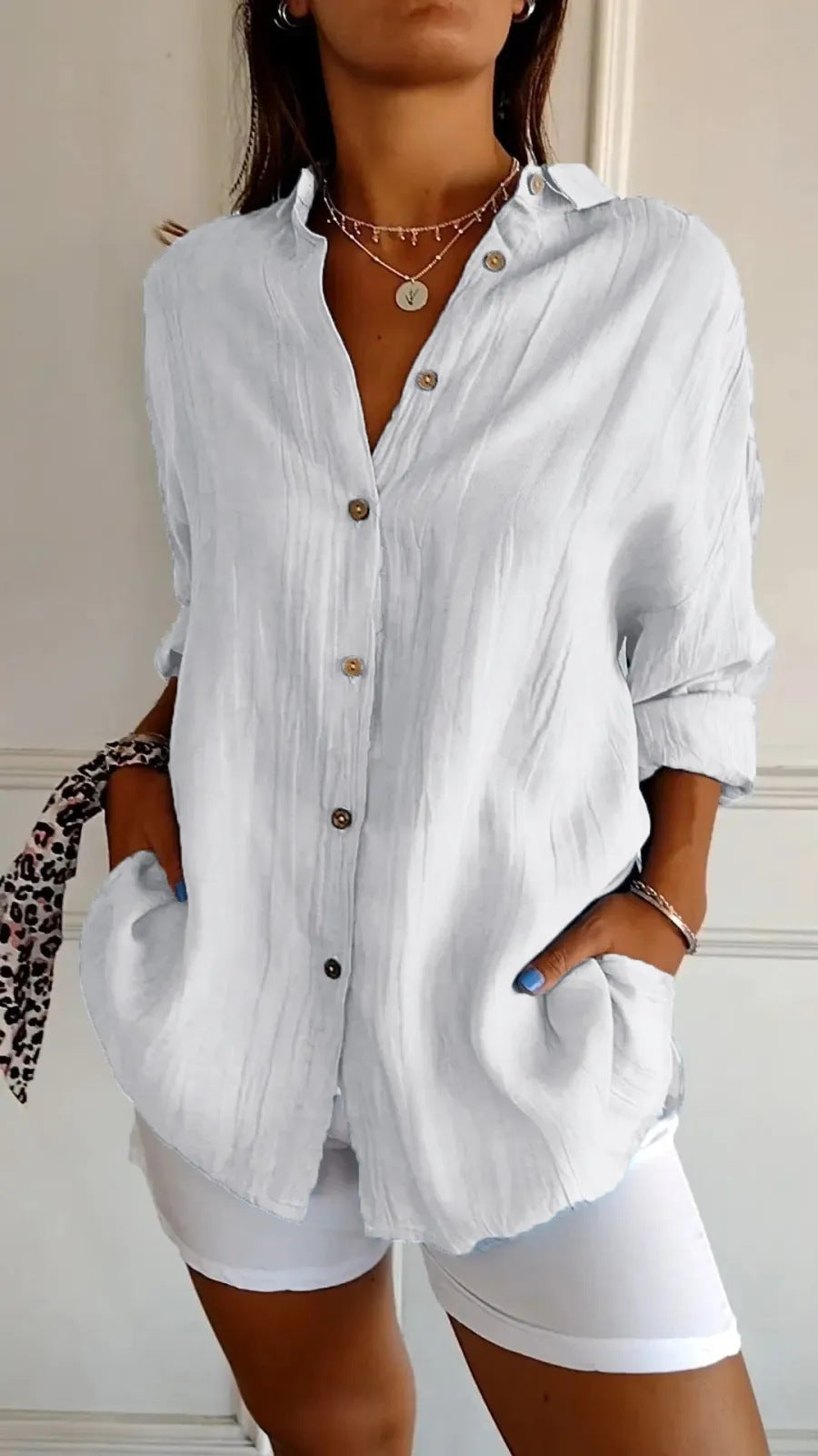 Women's Lapel Long Sleeve Pleated Shirt