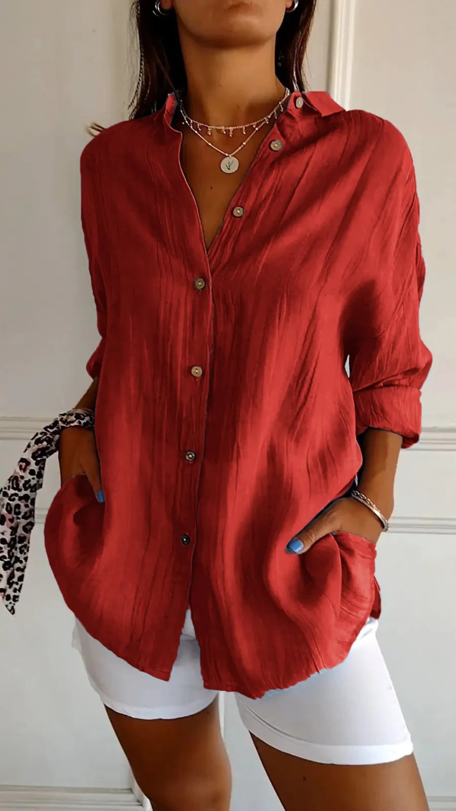 Women's Lapel Long Sleeve Pleated Shirt