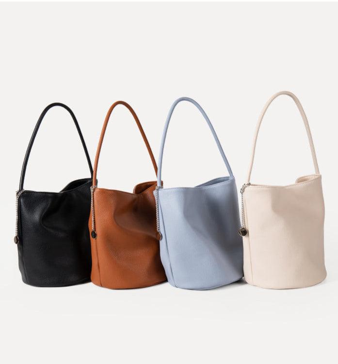 Women's PU Leather Soft and Simple Design Bucket Shoulder Bag - Trendy