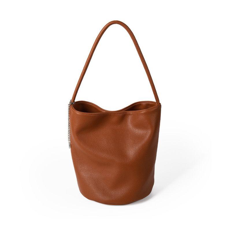 Women's PU Leather Soft and Simple Design Bucket Shoulder Bag - Trendy