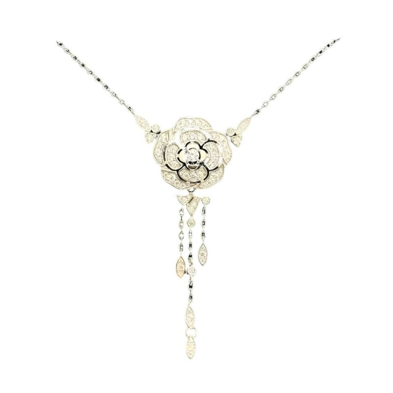 Women's S925 Silver Inlaid Zirconia Diamond Camellia Tassel Necklace - Trendy
