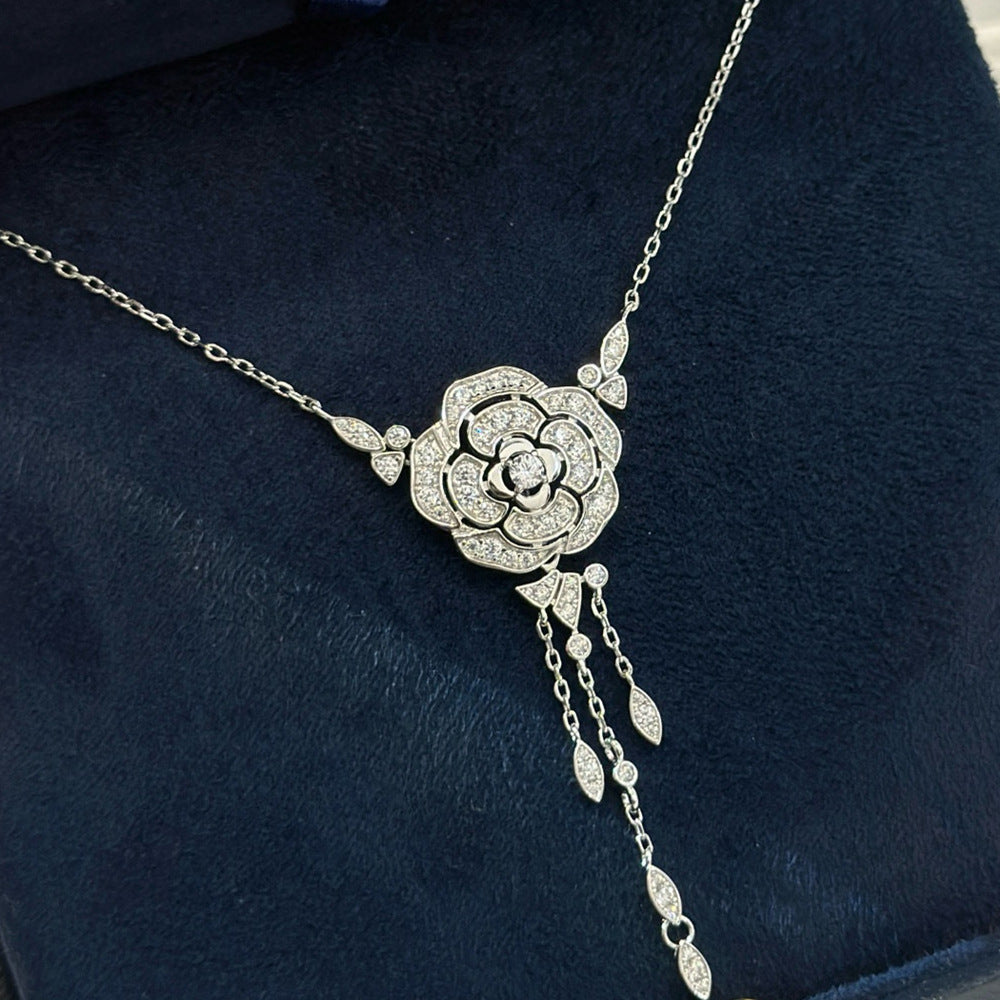 Women's S925 Silver Inlaid Zirconia Diamond Camellia Tassel Necklace - Trendy