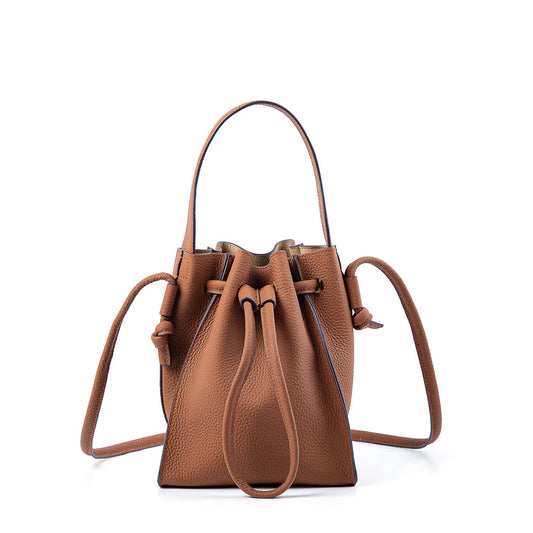 Brown Artisan drawstring leather bucket bag for women