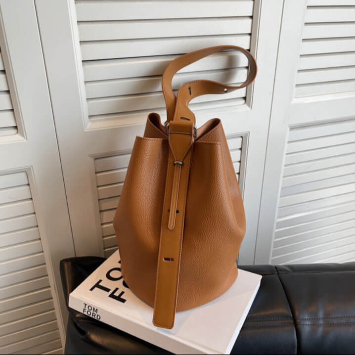 Different angle of biscuit color Urbanmood fashion pu leather bucket bag for women
