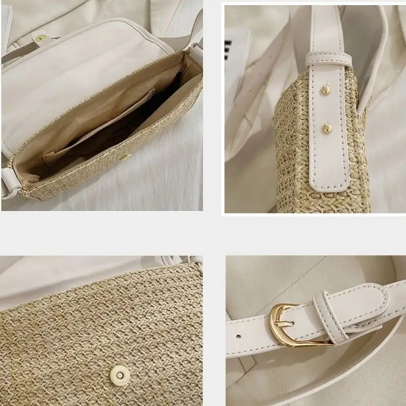 Different angles of Summer Vibes straw satchel bag for women