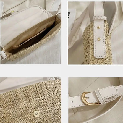 Different angles of Summer Vibes straw satchel bag for women