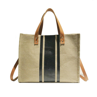 Khaki Stripes structure canvas handbag for women