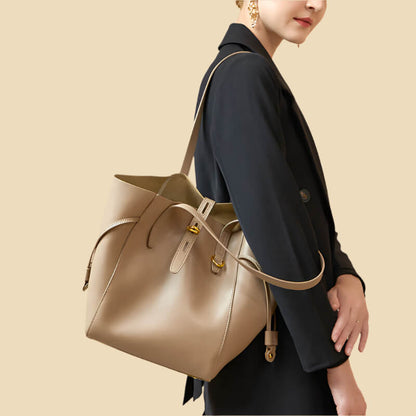 Model carrying Versatile elegance leather tote bag for women