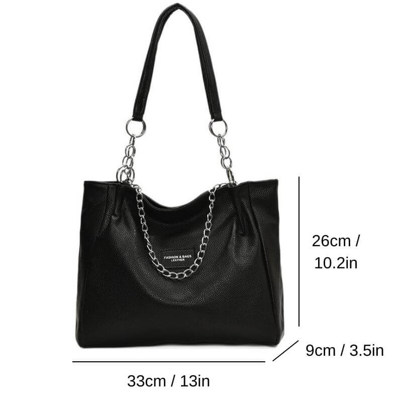 Size guide of Jet noir chain pu leather tote bag for women